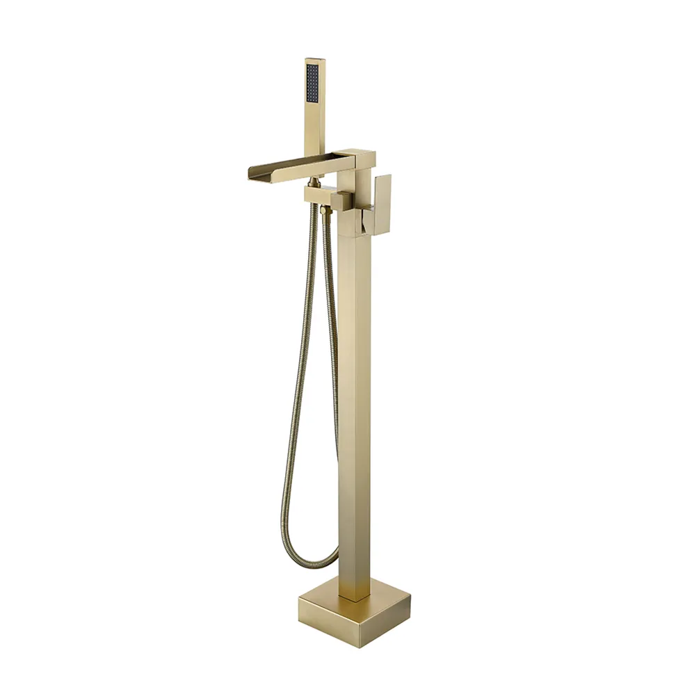 Modern Design Brushed Gold Bathroom Hot Cold Water Floor Standing Shower Mixer Taps Brass Bathtub Shower Mixer