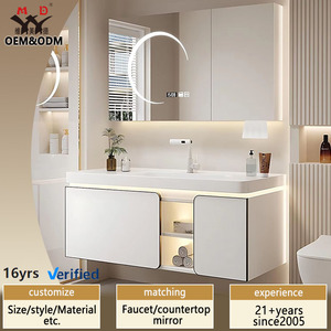 Mueble <span class=keywords><strong>de</strong></span> Baño Blanco Estilo Crema, Montado en la Pared, <span class=keywords><strong>con</strong></span> Múltiples Espacios <span class=keywords><strong>de</strong></span> Almacenamiento, Lavabo <span class=keywords><strong>de</strong></span> Cerámica Integrado, Espejo LED Inteligente Antivaho - Product Image 1
