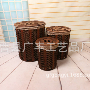 Panier à linge tissé rond en coton marron, organisateur de rangement pour vêtements, type autoportant - Product Image 4