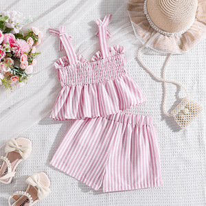 Conjunto de Top sin Mangas y Pantalones Cortos a Rayas Rosa y Blanco, Transpirable y Cómodo, para Niños, Ropa Casual de Verano para Uso Diario al Aire Libre - Product Image 2