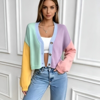 Cardigan en tricot color block pour femme, col en V, manches longues, boutonné, pull décontracté multicolore patchwork