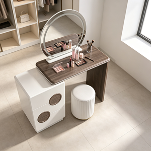 Ensemble de coiffeuse moderne avec miroir LED rond, armoire blanche et tabouret rayé, table de maquillage pour chambre à coucher - Product Image 5