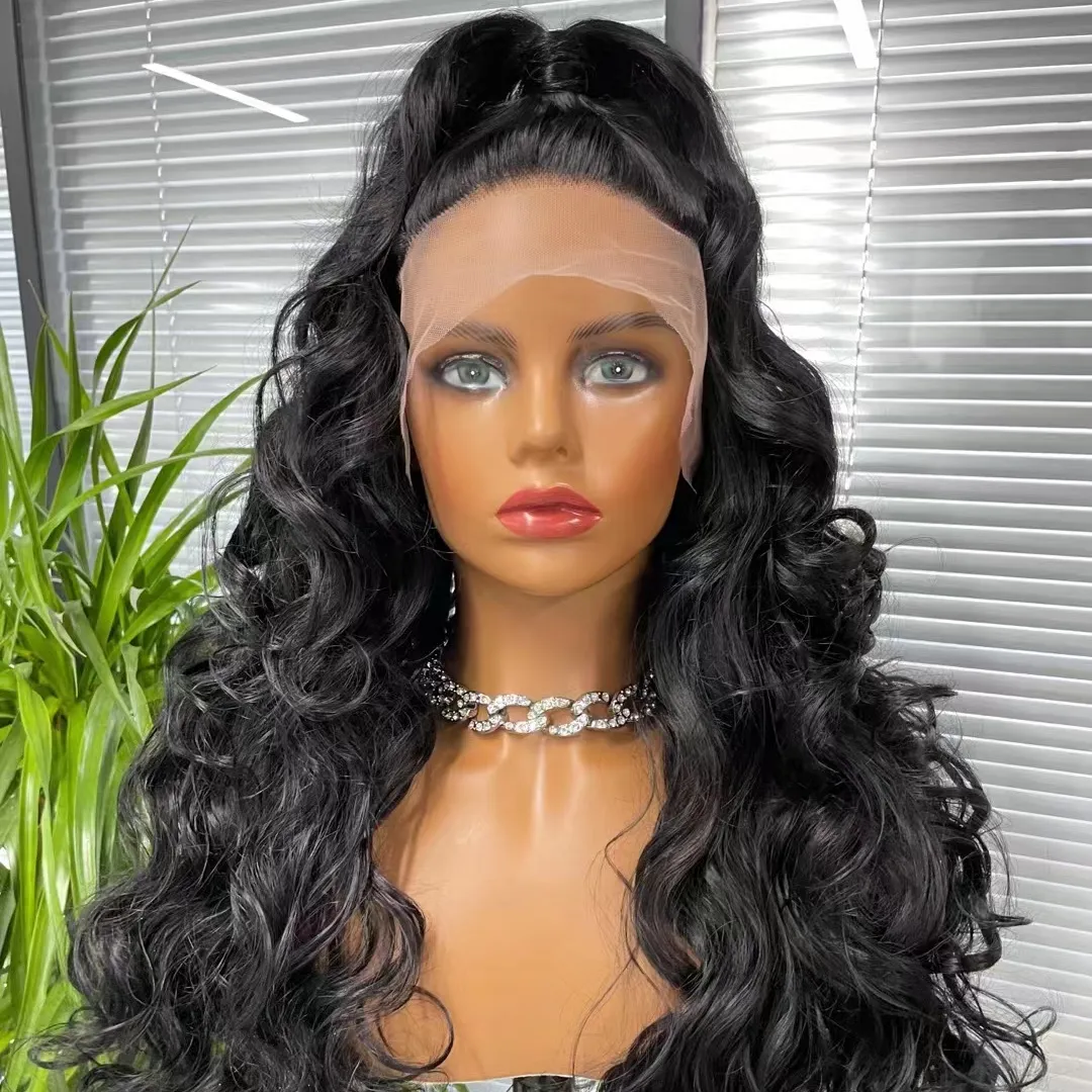 Festind Hair Natural Looking Long Wavy Curly Body Wave Natural Black Lace Frontal Synthetic Hair For Black Women Lace Front Wig