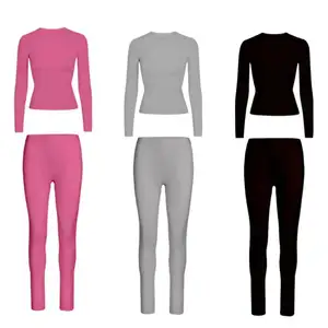 clothing manufacturers custom poy spandex ribbed crew neck long sleeves legging two piece easy lounge wear set loungewear 2024