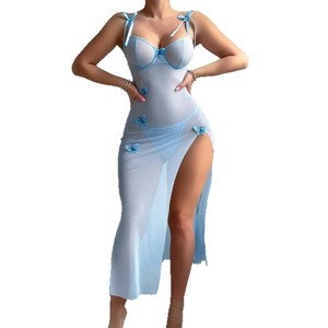 Thương Mại Nước Ngoài Châu Âu Hoa Kỳ New Sexy Đồ Lót Satin Ánh Sáng Thoáng Khí Lưới Cao Slit 3D Thêu Vui Vẻ Phù Hợp Với Có Thể Tháo Rời - Product Image 5