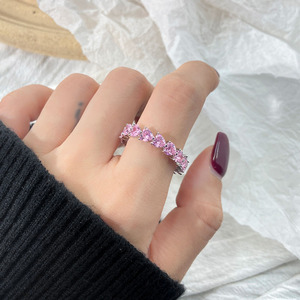 INS cincin bertatahkan zirkonia kubik hati merah muda wanita, cincin es keluar modis Eropa dan Amerika - Product Image 3