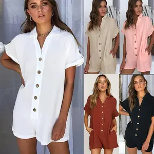 Wholesale Custom Logo New Lady Wear Casual Jumpsuit USA Size Cotton Linen Romper Outfits Women Jumpsuits