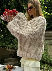 Maglione Oversize da <span class=keywords><strong>Donna</strong></span> <span class=keywords><strong>Beige</strong></span> con Collo Rotondo e Lavorazione a Trecce - Product Image 4