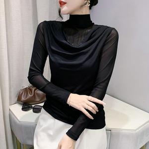 Herbstkleidung Neues Mesh-T-Shirt mit Halbhohem Kragen und Langen Ärmeln, Modisch Bedrucktes Slim-Fit Oberteil, Trendiges Unterhemd für Damen - Product Image 3