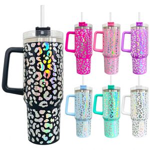 Double Walled Stainless Steel Leopard Handled 40Oz Tumbler Print <b>Large</b> Coffee <b>Mug</b> With Handle Iridescent Water Bottle - Product Image 1