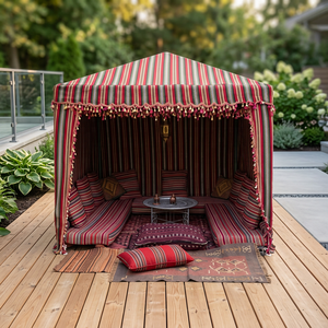 Carpa de estilo marroquí a rayas con borlas, toldo para jardín exterior, tela estampada en rojo y beige, refugio decorativo para patio. - Product Image 2