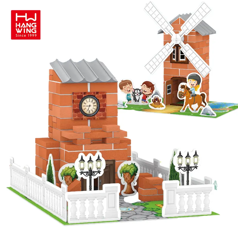 HW children farm windmill building gold brick mason child hand DIY paste STME art educational 3D puzzle blocks toys sets