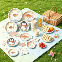 Assiettes en papier pour fête, pique-nique, repas en plein air, ensemble de vaisselle jetable, motif pingouin, poisson rouge, fleur de cerisier, 9 pièces