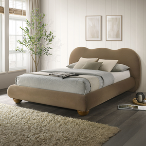 Lit Queen Size Marron 1 pièce avec Pieds Ronds en Bois et Revêtement Bouclé – Mobilier de Chambre - Product Image 1