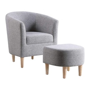 Mid Century Modern Upholstered Club Tub Round <strong>Chair</strong> Grey <strong>Barrel</strong> Comfy Fabric Arm Accent <strong>Chair</strong> with <strong>Ottoman</strong> Footrest <strong>Set</strong> of 2 - Product Image 1