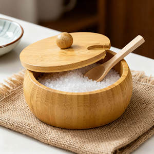 Bambú Madera Sal Especias Tarro Sal Almacenamiento Contenedor Tazón Caja Con Tapa y Cuchara - Product Image 1