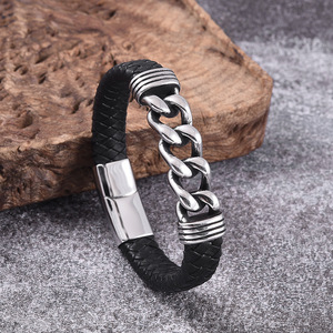 Handmade Braided <b>Leather</b> <b>Bracelet</b> for Men | PVD Gold Stainless Steel Magnetic Clasp with Chain Link Design | Men's Fashion Brace - Product Image 3