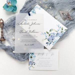 Invitations de <span class=keywords><strong>mariage</strong></span> en papier vélin floral bleu poussiéreux en couches avec carte RSVP Invitations spéciales de réception de <span class=keywords><strong>mariage</strong></span> élégantes - Product Image 2