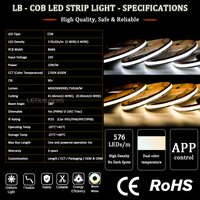 Bande lumineuse LED COB sans points CCT 10MM 576 LED 24V CE RoHS pour personnalisation de la couleur, cuivre réglable, garantie 5 ans, LED intelligente flexible