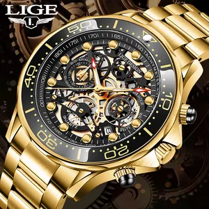 LIGE 8948 Fashion All Gold Mens Watches Top Brand Stainless Steel Quartz Watch For Men Waterproof Sport Clock Male