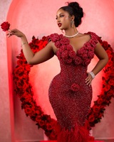 Robes de Soirée Sirène Rouges à Fleurs 3D Classique Africain George Imprimés Multicolores Brodés Luxe Tenue Traditionnelle
