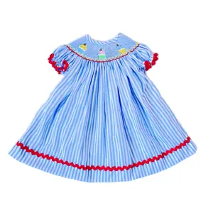 Girl's Coral Pink and Blue Striped IceCream Dress Smocked Bishop Handmade Style Hand Smock