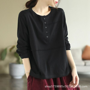 Women Long Sleeve T-<b>Shirt</b> Knitted Polyester <b>Patchwork</b> Buttons Casual Everyday Wear Spring Autumn Green Black White Gray - Product Image 4