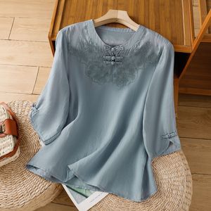 Chinese Style Embroidered Loose Top Women 2025 Summer T-Shirt With Knot Buttons Apricot Green Blue - Product Image 4