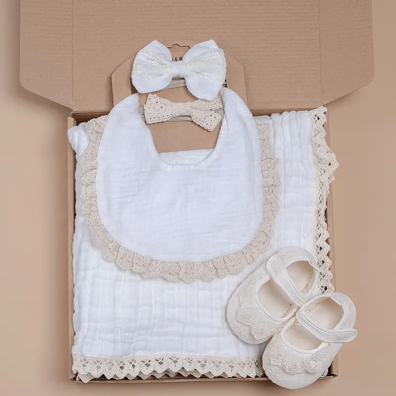 Sepatu bando pita renda bayi perempuan katun Vintage gaya baru selimut bedong kain kasa bib set hadiah pesta mandi bayi 5 buah