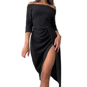 Robe de soirée sexy pour femme, design créatif OEM personnalisé, col asymétrique, manches longues, taille fendue, couleur unie, tendance - Product Image 3