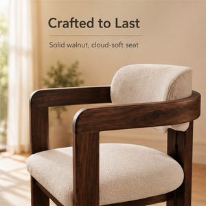 Poltrona Lounge <span class=keywords><strong>in</strong></span> <span class=keywords><strong>Legno</strong></span> di Noce Stile Mid-Century Moderno <span class=keywords><strong>con</strong></span> Cuscino <span class=keywords><strong>in</strong></span> Bouclé Crema, Sedia da Pranzo, Fornitura all'Ingrosso Diretta dalla Fabbrica - Product Image 1