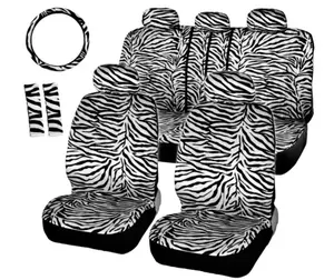 Beige/Black Zebra Animal Print Full Seat Cover Set Fits Car Truck Van SUV 12 PC