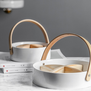Petits paniers de service en céramique avec poignée en bois pour fruits, goûter, noix, bonbons, taille petite, couleur <span class=keywords><strong>blanche</strong></span> - Product Image 4