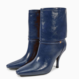 Women's Metal Buckles Short <b>Boots</b> Spike High-Heeled Pointed Toe Ankle Booties Turn Over on Shoes - Product Image 4