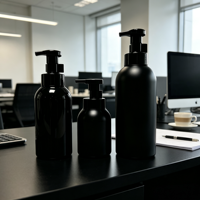 Flacon de lotion en plastique noir mat cylindrique vide 250 ml avec pompe en PEHD, sérigraphié, pour savon liquide et lotion corporelle