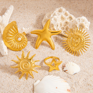 Ocean <b>Ring</b> <b>Set</b> Stainless Steel Starfish Seashell Jewelry 18K <b>Gold</b> Colorfast Women Gift Spring 2025 - Product Image 1