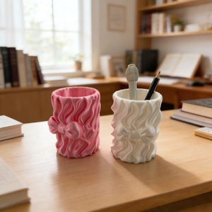 3D Printed Wave Pattern <b>Bow</b> Pen <b>Holder</b> Plastic Round Desk Organizer For Students Girls Creative Stationery Storage - Product Image 1
