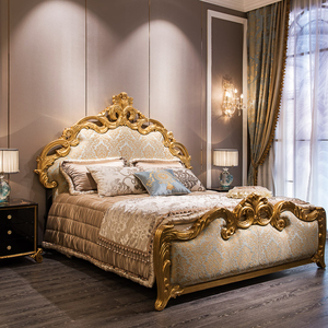 Lit King Size <span class=keywords><strong>en</strong></span> Bois Massif Sculpté, Style Luxe Français, Tissu Brodé Doré, pour Chambre d'École ou Chambre de Palais - Product Image 2
