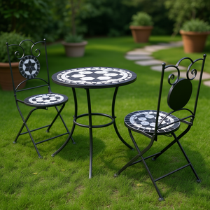 Conjunto de Jardín de Acero con Recubrimiento en Polvo Blanco y Negro, Muebles de Patio para 2 Personas, Estilo Mediterráneo, Mesa y Sillas Plegables para Exteriores - Product Image 2