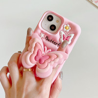 Coque de téléphone portable en silicone avec support papillon 3D pour iPhone 11 12 13 14 15 Pro Max 16 Plus Coque arrière en caoutchouc souple Funda