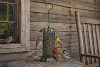 Mangeoire à oiseaux antique en métal grillagé avec tube à graines transparent, design écologique, crochet de suspension, toit en dôme et perchoirs pour décoration de jardin extérieur