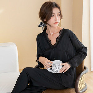 Conjunto de ropa de casa para mujer estilo <span class=keywords><strong>kimono</strong></span> de seda helada para primavera y otoño, cintura elástica, poliéster, largo, para novias - Product Image 3