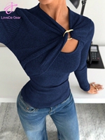 Haut à manches longues ajusté Loveda pour femme, nouveau style automne, en tissu brossé côtelé avec boucle métallique décorative, prix de gros