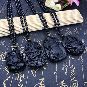 Collar con Colgante Pixiu de Obsidiana, Elegante Amuleto Fengshui Piuxiu Negro Chapado en Oro, Joyería Unisex para Parejas - Product Image 1