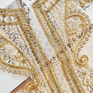 En gros, Appliques de col en dentelle brodée dorée, Appliques de décolleté en dentelle dorée, Accessoires de couture pour Robe Musulmane - Product Image 5
