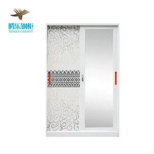 Pattern transfer Double Sliding doors mirror Steel wardrobe almirah cabinet