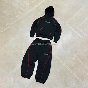 100% Cotton Men's Sports Tracksuit Manufacturer Contrast Stitch Straight Baggy Sweatpants and Hoodie Set Custom Sweat <b>Suit</b> - Product Image 2