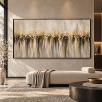 Peinture sur toile abstraite neutre Gold Horizon, art mural texturé panoramique pour la décoration de hall d'hôtel, salon, bureau