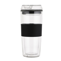 Tasses à café de voyage en verre borosilicate à double paroi écologiques de 400 ml, résistantes à la chaleur, réutilisables, avec couvercles en silicone
