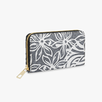 Dompet Panjang Resleting Motif Bunga Tiare Putih di Latar Belakang Abu-abu Vintage, Cetakan Tribal Polinesia, Dompet Uang Wanita PU, Cetakan Kustom
